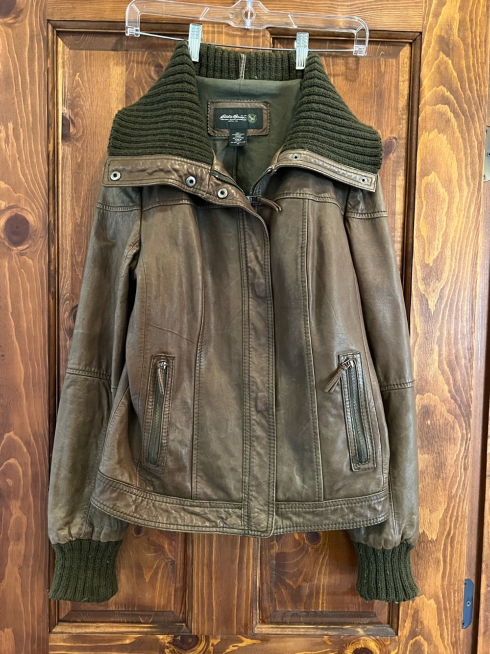 Eddie Bauer Olive Green Leather Bomber Jacket with Knit Collar